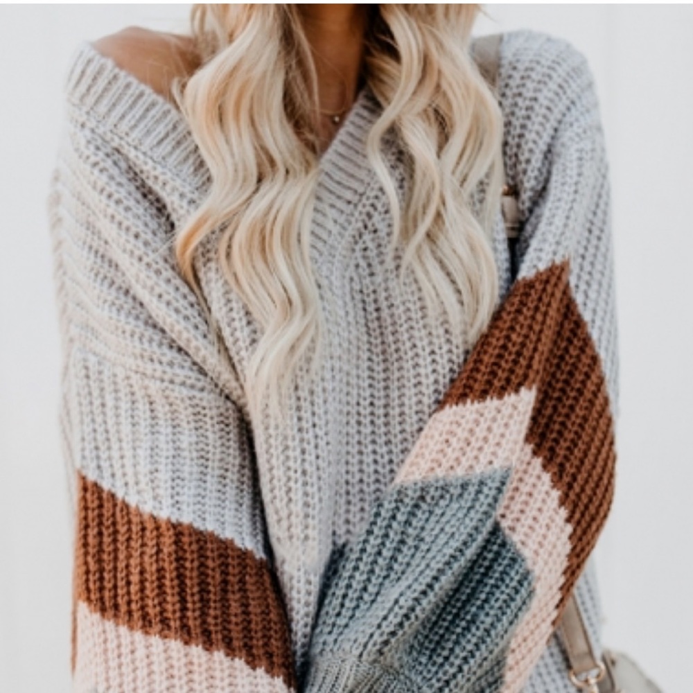 Oversized Color Block Striped Knit Pullover Sweater